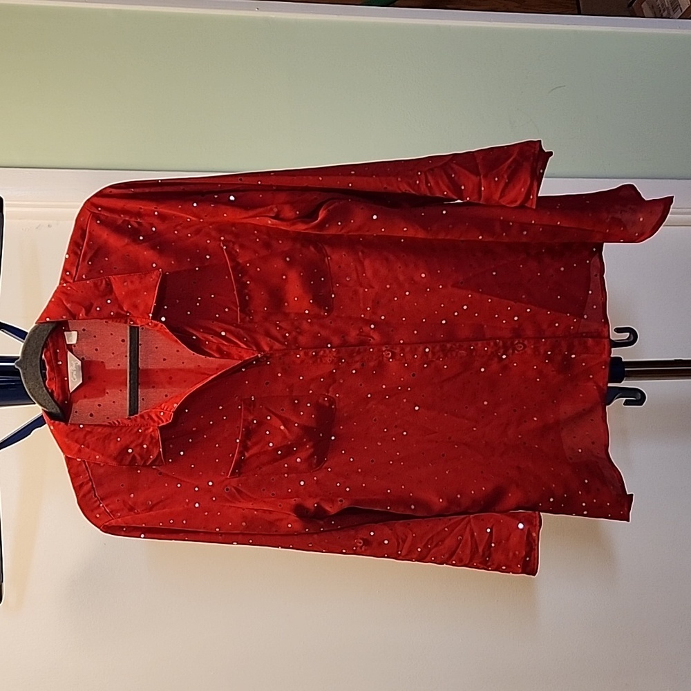 Red transparent top with silver metallic dots.